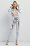 Metallic Silver Small Scales Print Long Sleeve Off-The-Shoulder Cropped Top And High Waist Slim Fit Legging Set /2-3