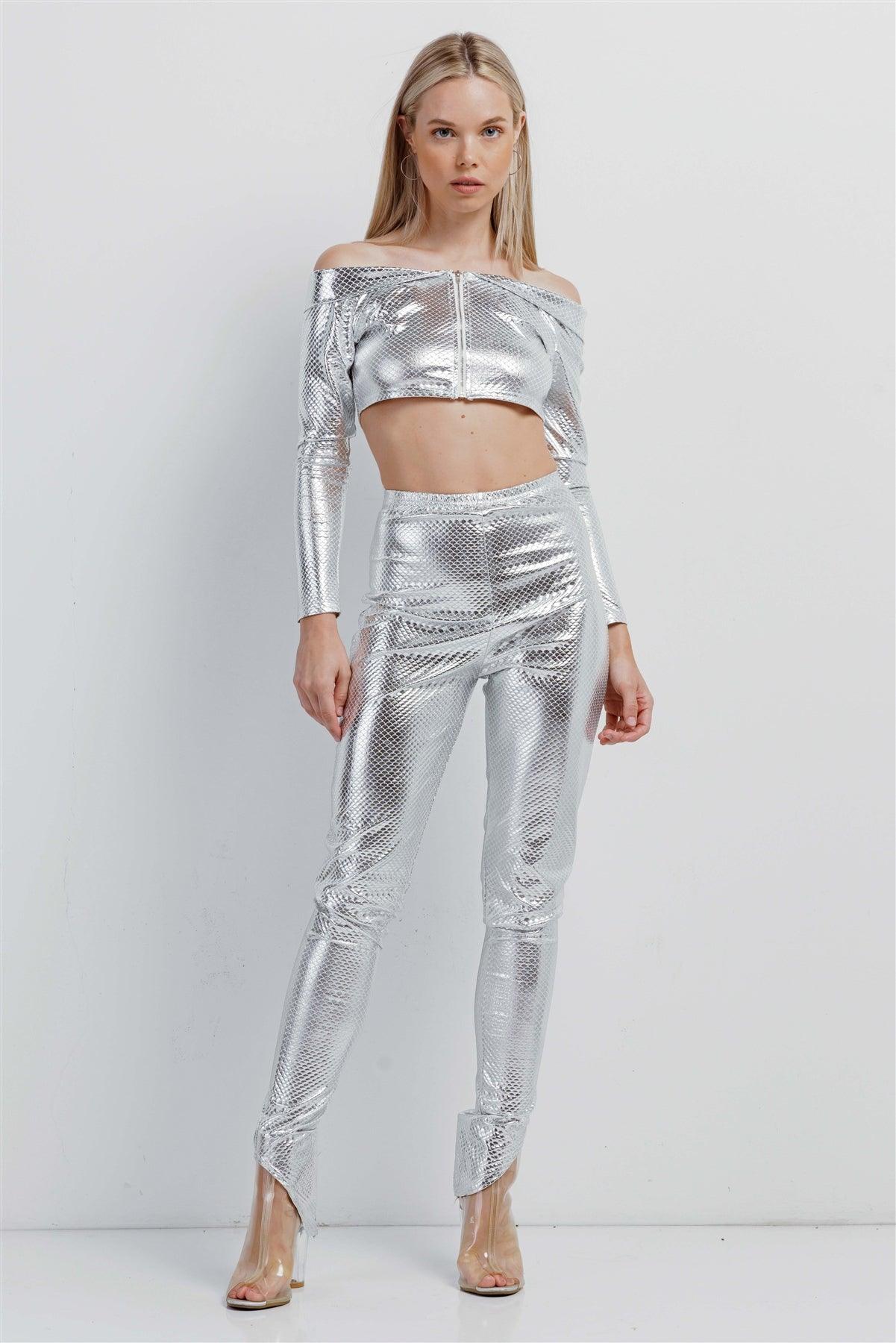 Metallic Silver Small Scales Print Long Sleeve Off-The-Shoulder Cropped Top And High Waist Slim Fit Legging Set /3-2-1