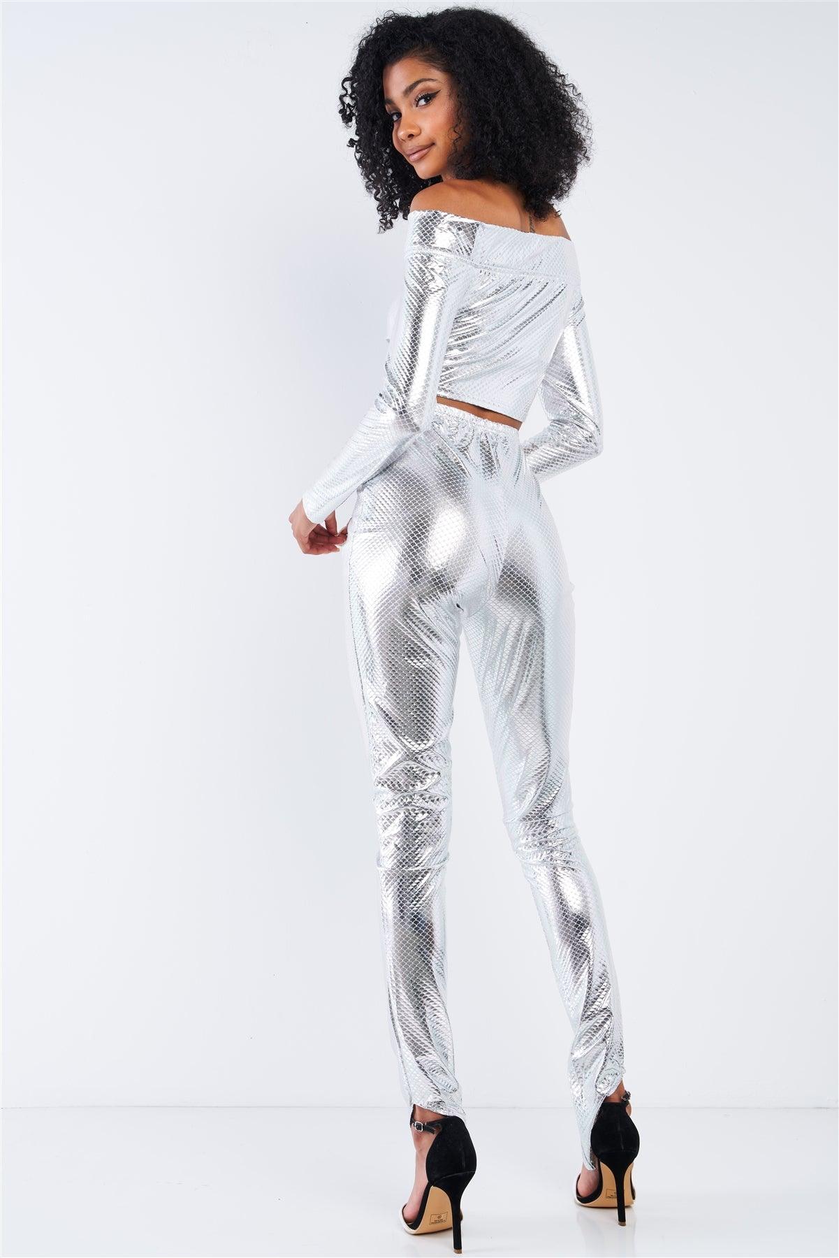 Metallic Silver Small Scales Print Long Sleeve Off-The-Shoulder Cropped Top And High Waist Slim Fit Legging Set /3-2-1
