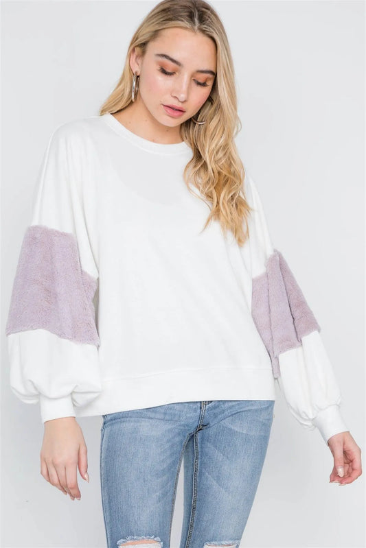 Off White Lavender Faux Fur Pink Sleeves Sweater /2-2-2 - Tasha Apparel Wholesale