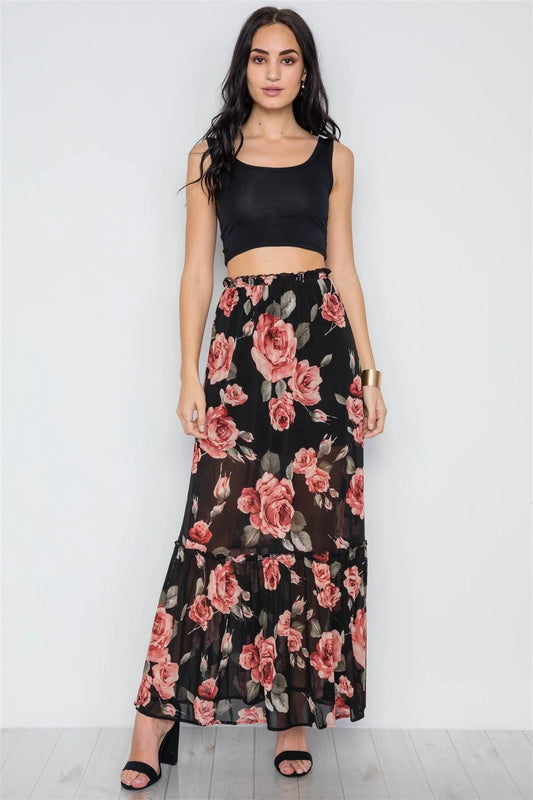 Black Rose Print Mash Maxi Skirt /1-1-2 - Tasha Apparel Wholesale