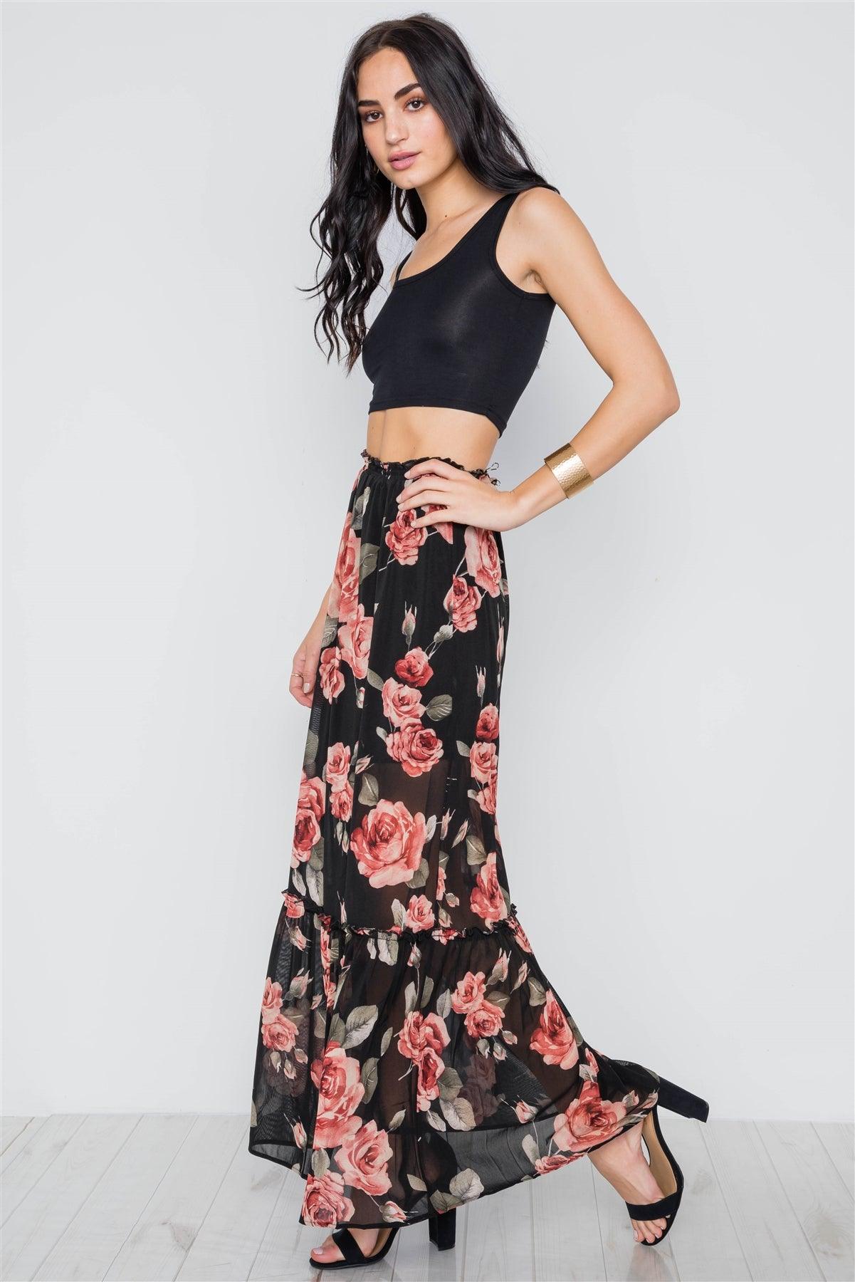 Black Rose Print Mash Maxi Skirt /1-1-2