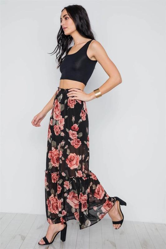 Black Rose Print Mash Maxi Skirt /2-2-2 - Tasha Apparel Wholesale
