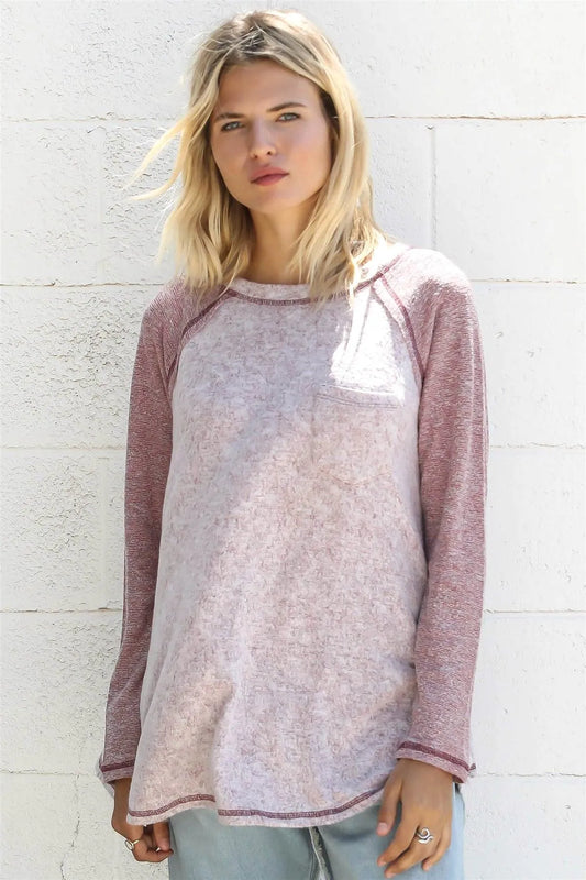 Burgundy Textured Raglan Long Sleeve Top - Tasha Apparel Wholesale