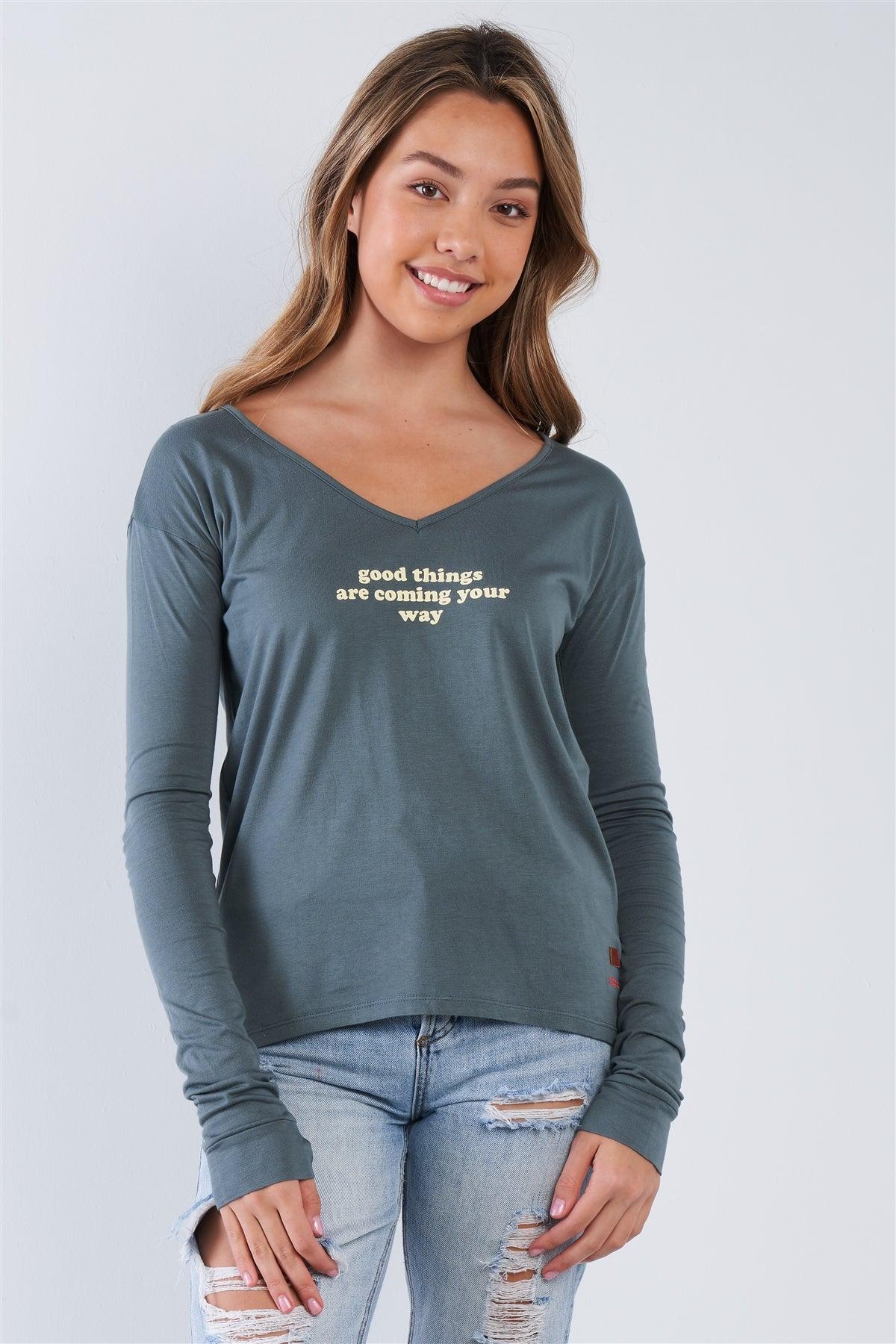 Kale Long Sleeve V-Neck "Good Things Are Coming Your Way" Top