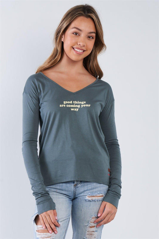 Kale Long Sleeve V-Neck "Good Things Are Coming Your Way" Top - Tasha Apparel Wholesale