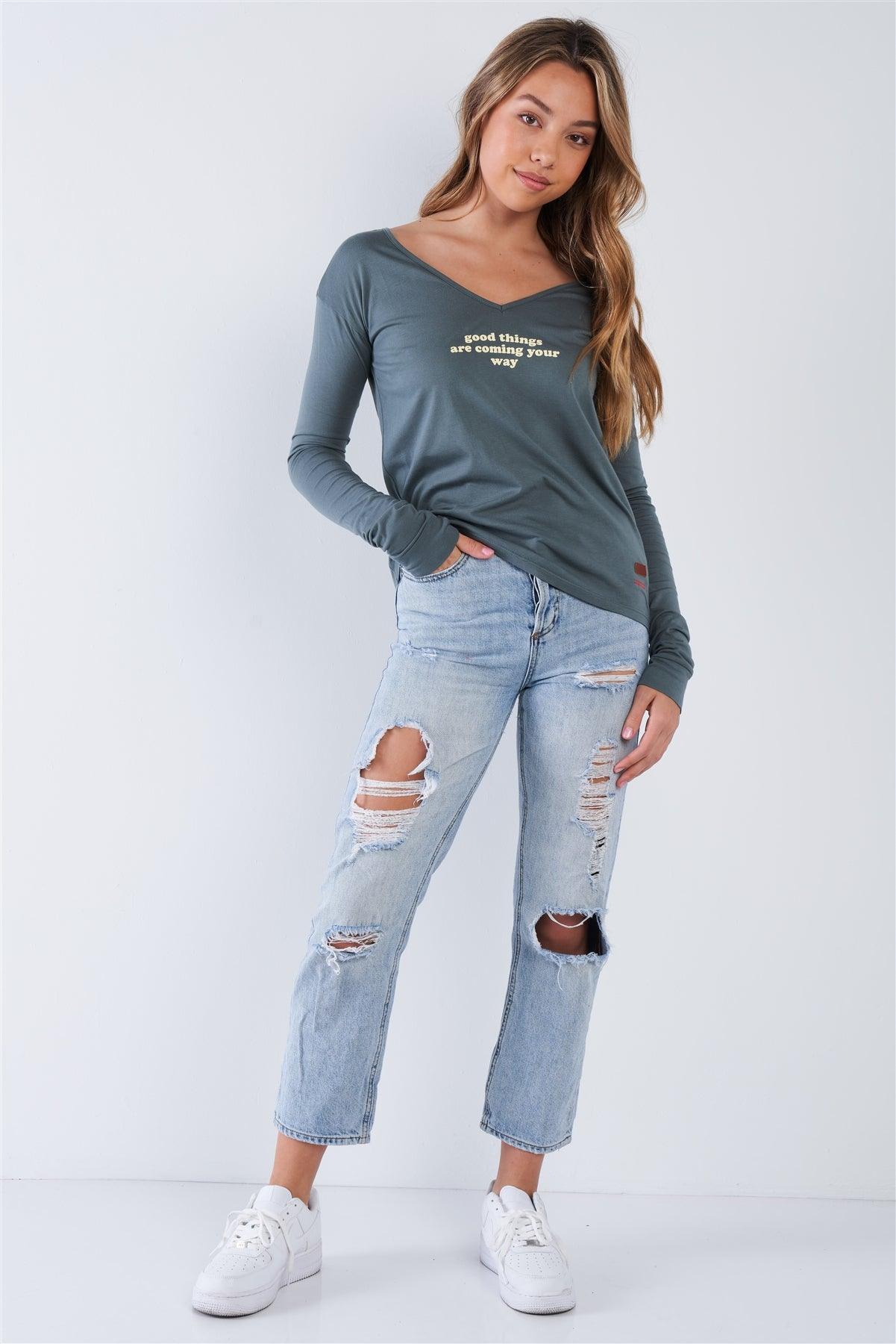 Kale Long Sleeve V-Neck "Good Things Are Coming Your Way" Top