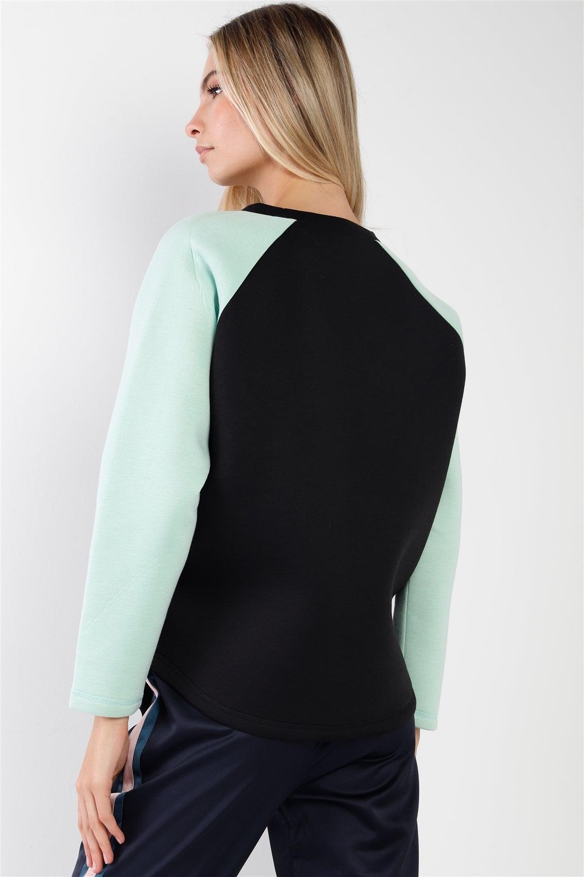 Black Contrast Sleeve Curved Hem Sweater / 2-2-2