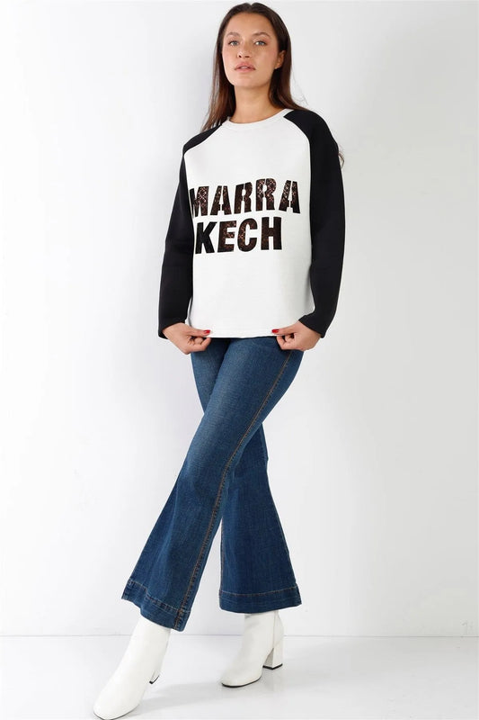 White Contrast Sleeve Curved Hem Sweater / 2-2-2 - Tasha Apparel Wholesale