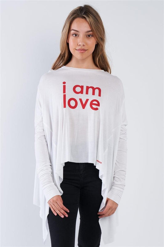 White Long Sleeve "I Am Love" Hi-Low Hem Parachute Top - Tasha Apparel Wholesale