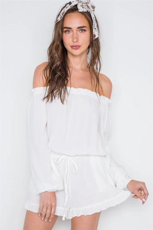 White Off-The-Shoulder Ruffle Long Sleeve Romper /2-2-2 - Tasha Apparel Wholesale