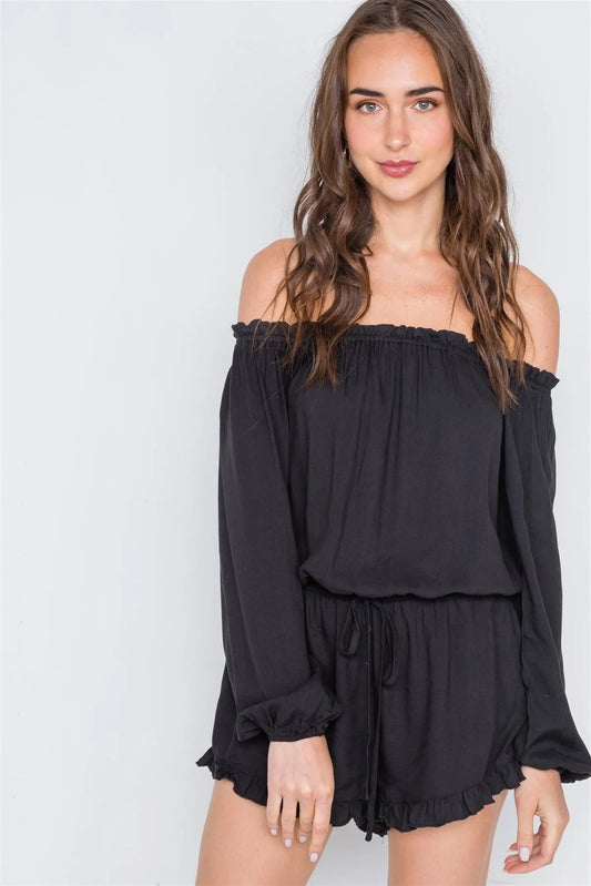 Black Off-The-Shoulder Ruffle Long Sleeve Romper /2-2-2 - Tasha Apparel Wholesale