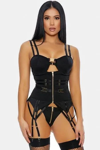 Black Velours Gold Buckle Strappy Two Piece Lingerie /2-2-2 - Tasha Apparel Wholesale
