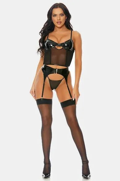 Black Vinyl Mesh Three Piece Set Lingerie /2-2 - Tasha Apparel Wholesale