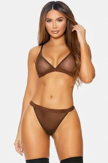 Chocolate Mesh Sheer Triangle Bra & Thong Panty Lingerie /2-2-2 - Tasha Apparel Wholesale