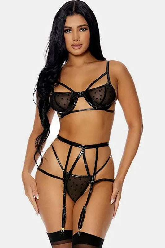 Black Heart Mesh Vinyl Three Piece Set Lingerie - Tasha Apparel Wholesale