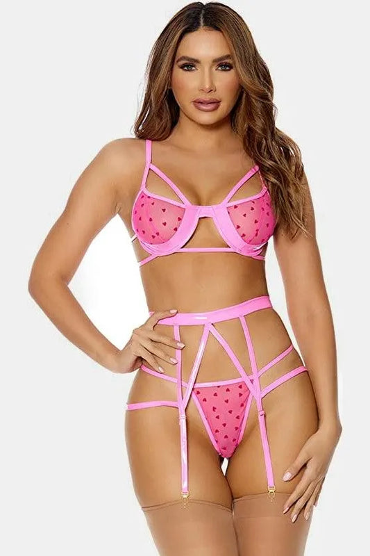 Pink Heart Mesh Vinyl Three Piece Set Lingerie - Tasha Apparel Wholesale
