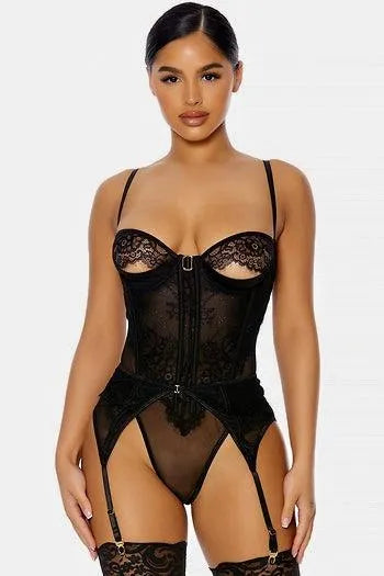 Black Scalloped Lace Teddy Mesh Peel-A-Boo Cut-Out & Garter Belt Lingerie - Tasha Apparel Wholesale
