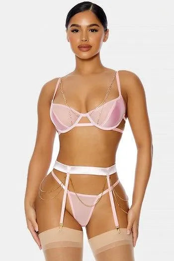 Baby Pink Satin Mesh Diamond Three Piece Set Lingerie - Tasha Apparel Wholesale