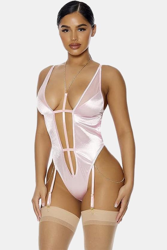 Baby Pink Satin Diamond Straps Cut-Out Body Lingerie /2-2-2