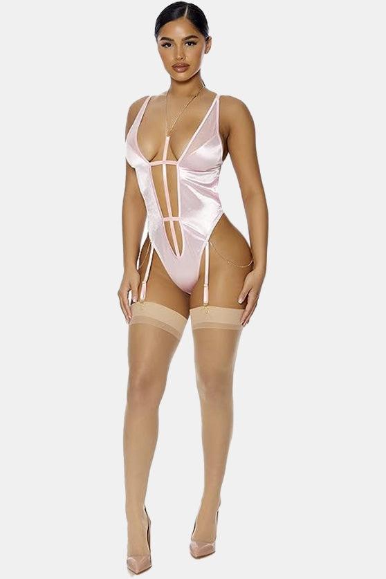 Baby Pink Satin Diamond Straps Cut-Out Body Lingerie /2-2-2
