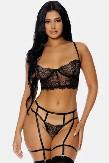 Black Scalloped Lace Bustier & Strappy Panty Set Lingerie - Tasha Apparel Wholesale