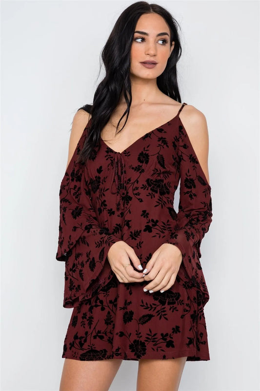 Wine Burnout Velvet Cold Shoulder Tiered Bell Sleeve Mini Dress /3-2-1 - Tasha Apparel Wholesale