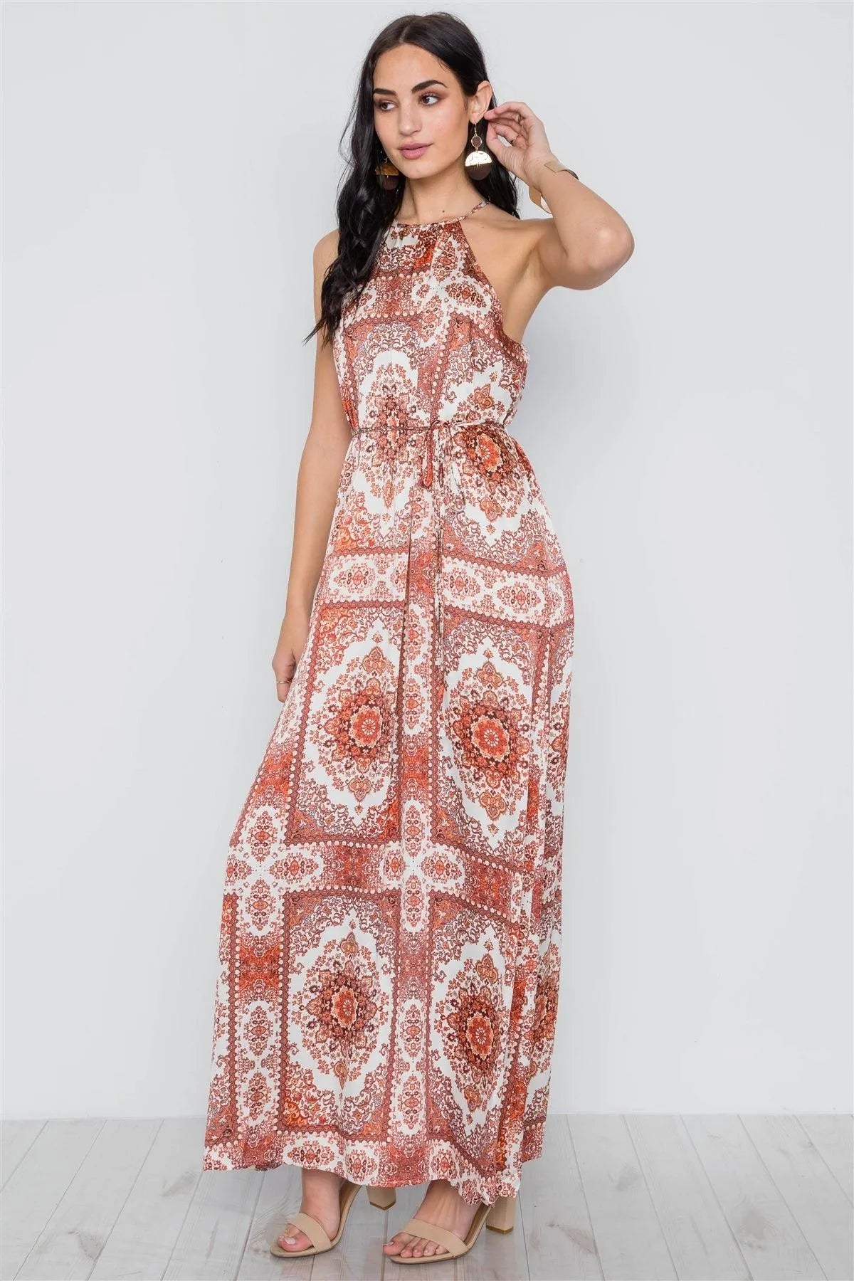 Cream Multi Paisley Print Cami Self Tie Maxi Dress /3-2-1 - Tasha Apparel Wholesale