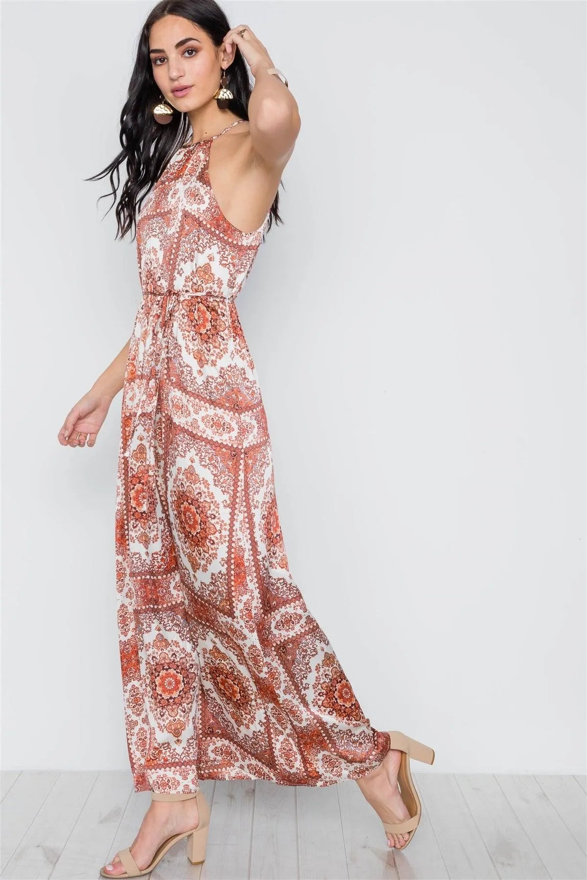 Cream Multi Paisley Print Cami Self Tie Maxi Dress /3-2-1 - Tasha Apparel Wholesale