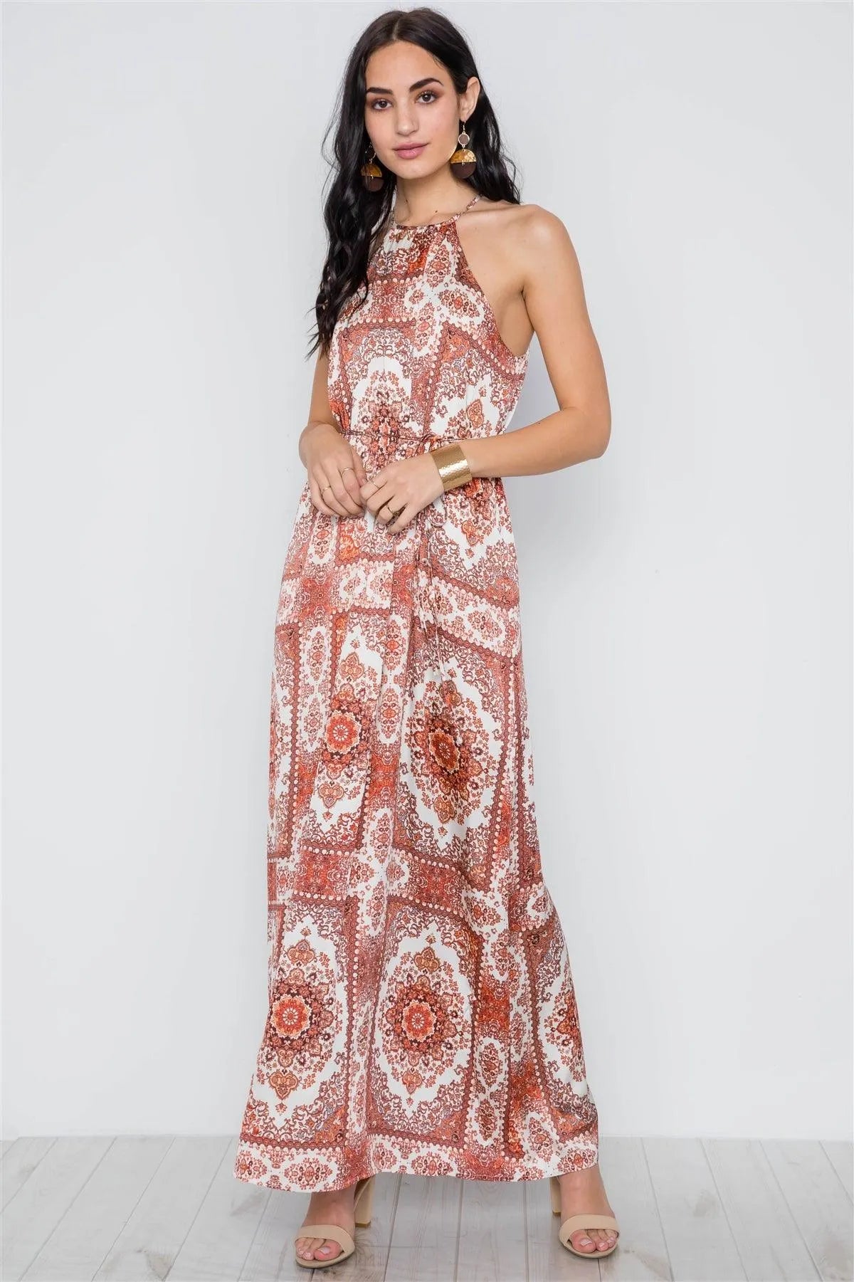 Cream Multi Paisley Print Cami Self Tie Maxi Dress /3-2-1 - Tasha Apparel Wholesale
