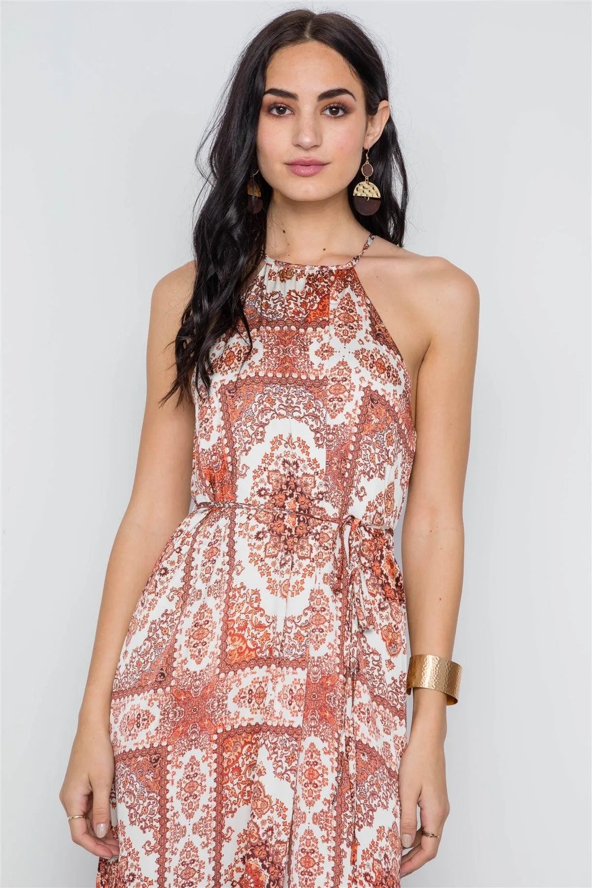 Cream Multi Paisley Print Cami Self Tie Maxi Dress /3-2-1 - Tasha Apparel Wholesale