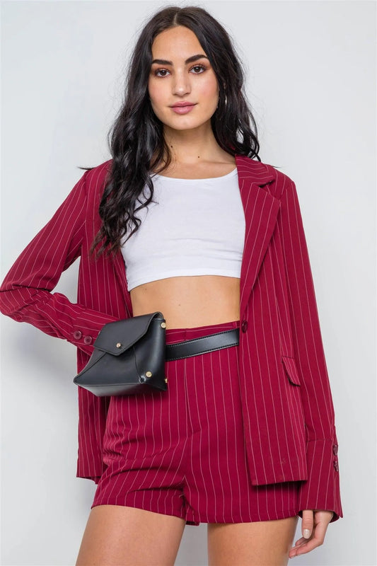 Wine Stripe Side Pockets Relaxed Fit High-Rise Short / 1-2-2-1 - Tasha Apparel Wholesale