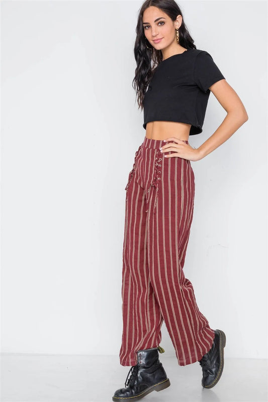 Wine Stripe Lace-Up Wide-Leg Pants / 3-2-1 - Tasha Apparel Wholesale