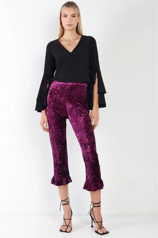 Purple Velvet Ruffle Hem Detail Capri Pants /1-2-2-1 - Tasha Apparel Wholesale