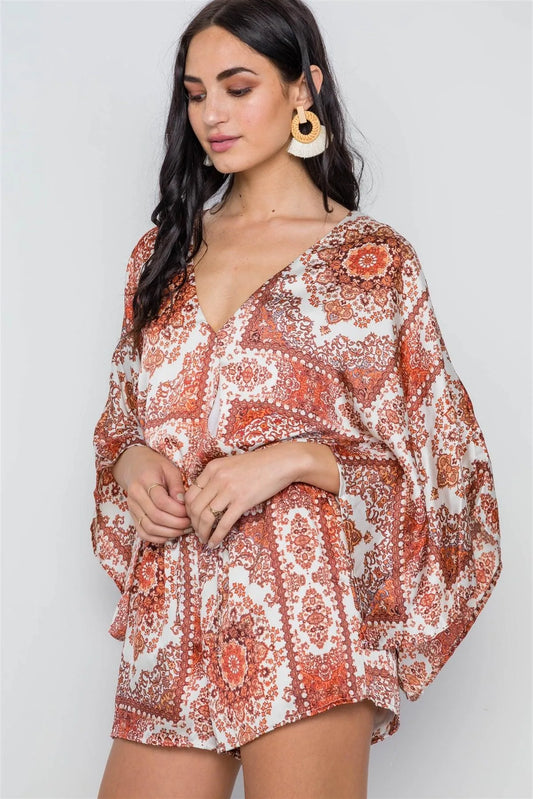 Multi Cream Paisley Print Batwing Surplice Neckline Romper /3-2-1 - Tasha Apparel Wholesale