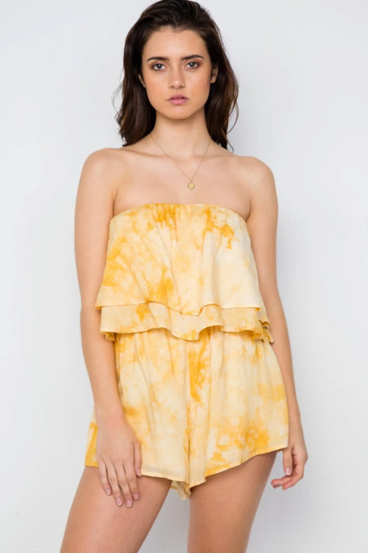 Yellow Tie Dye Strapless Boho Flounce Romper / 1-2-2-1 - Tasha Apparel Wholesale