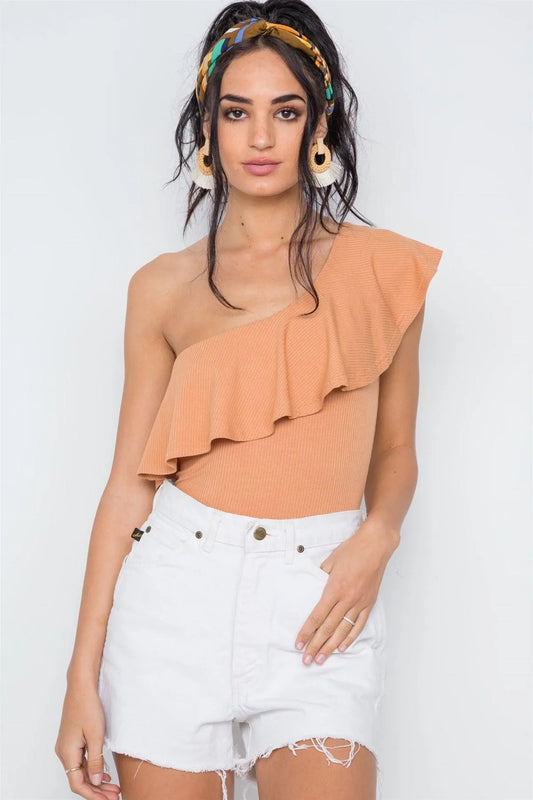 Tan Ribbed One Shoulder Flounce Bodysuit /3-2-1 - Tasha Apparel Wholesale