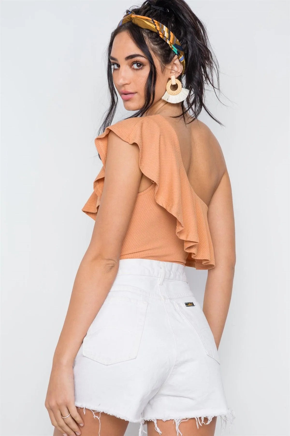 Tan Ribbed One Shoulder Flounce Bodysuit /3-2-1 - Tasha Apparel Wholesale