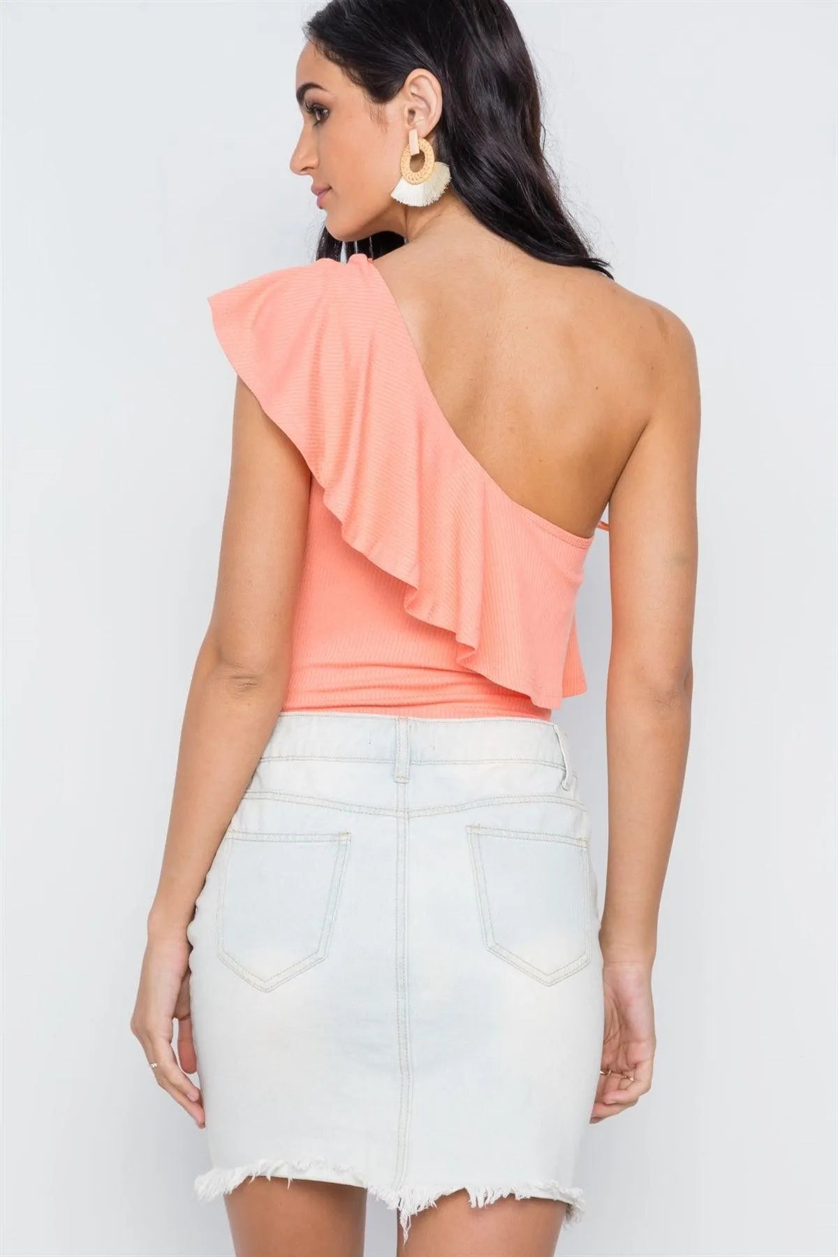 Peach Ribbed One Shoulder Flounce Bodysuit /3-2-1 - Tasha Apparel Wholesale