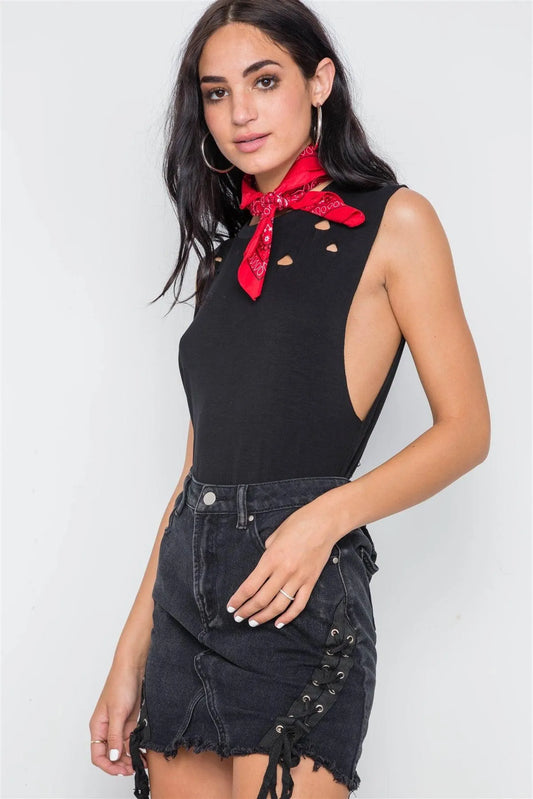 Black Distressed Sleeveless Solid Knit Bodysuit /3-2-1 - Tasha Apparel Wholesale