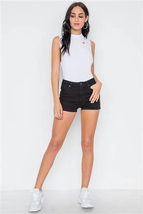 White Distressed Sleeveless Solid Knit Bodysuit /2-2-1 - Tasha Apparel Wholesale