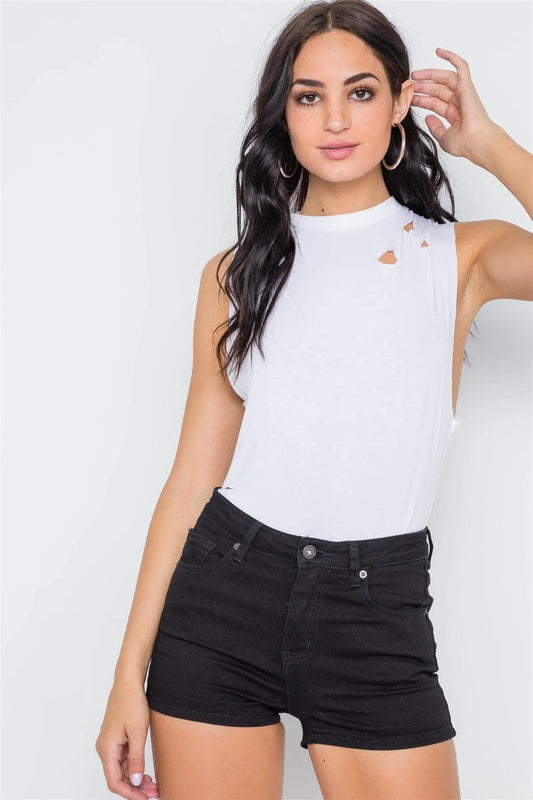White Distressed Sleeveless Solid Knit Bodysuit /3-2-1 - Tasha Apparel Wholesale