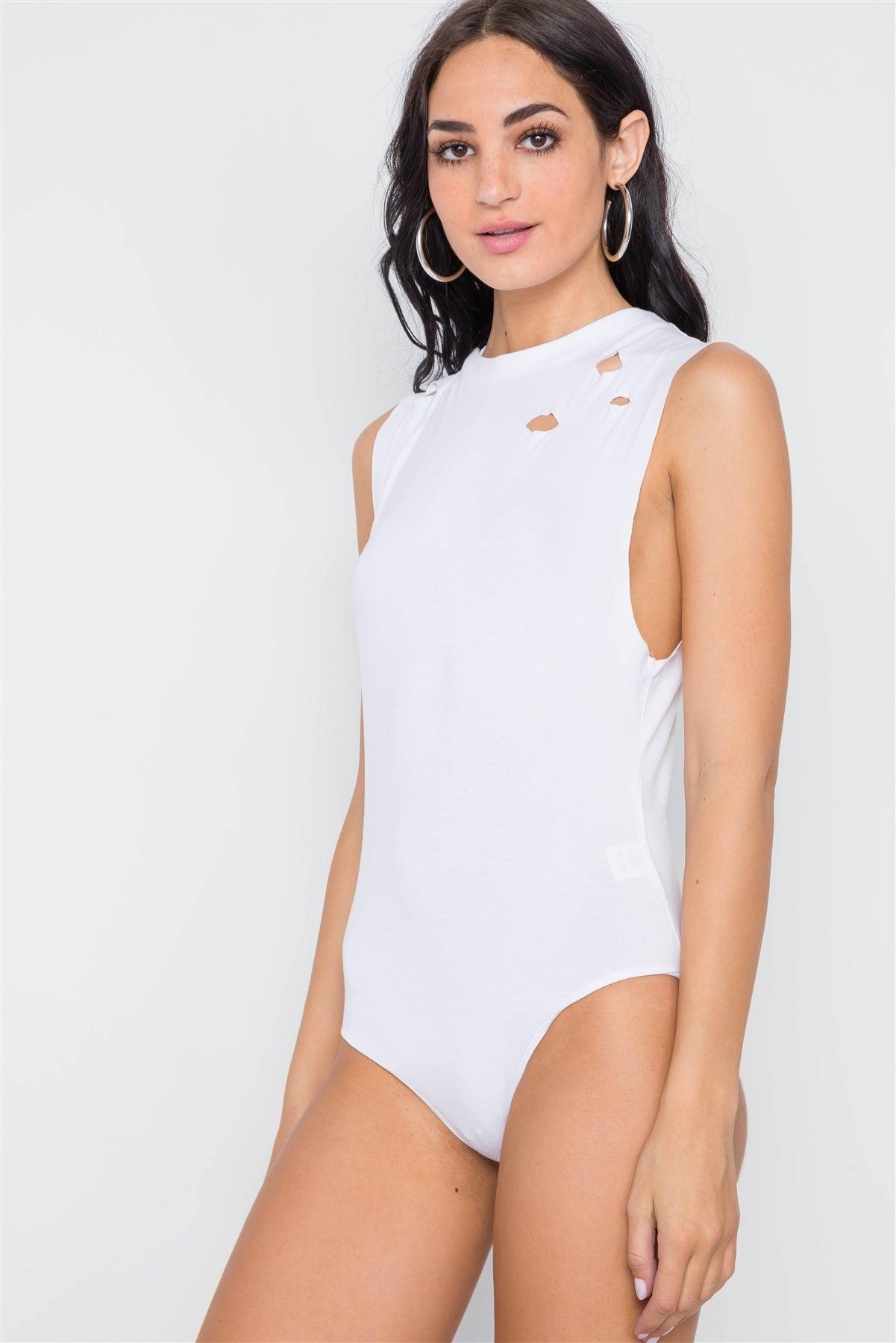 White Distressed Sleeveless Solid Knit Bodysuit /3-2-1