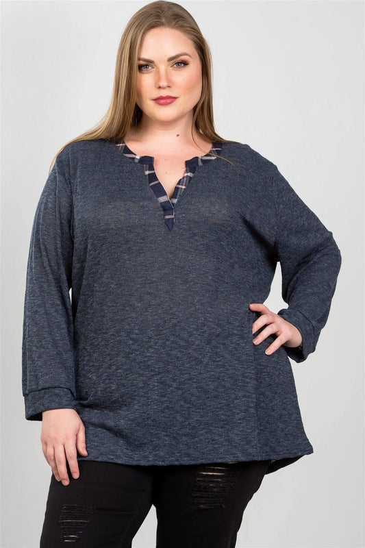 Junior Plus Size Navy And Plaid Trim Boho Tunic Top /2-2-1 - Tasha Apparel Wholesale