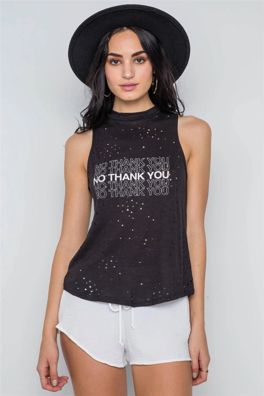 Black Sleeveless Distressed Graphic Print Top /3-2-1 - Tasha Apparel Wholesale