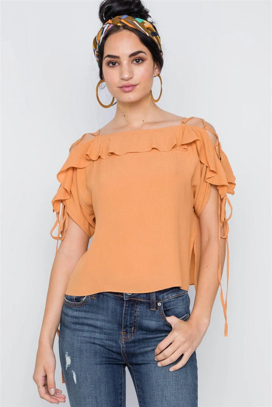 Honey Flounce Solid Lace Up Sleeves Boho Top /2-2-2 - Tasha Apparel Wholesale