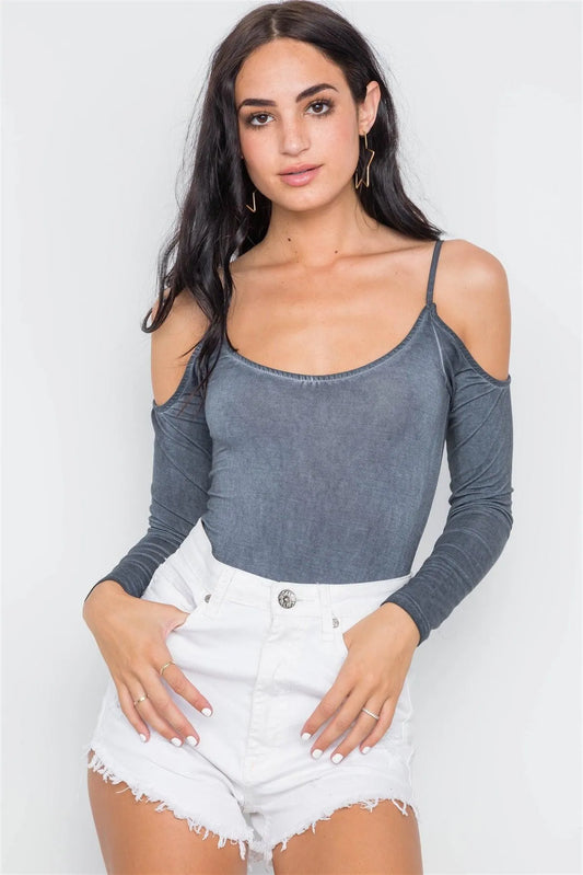 Charcoal Cami Cold Shoulder Bodycon Bodysuit /3-2-1 - Tasha Apparel Wholesale