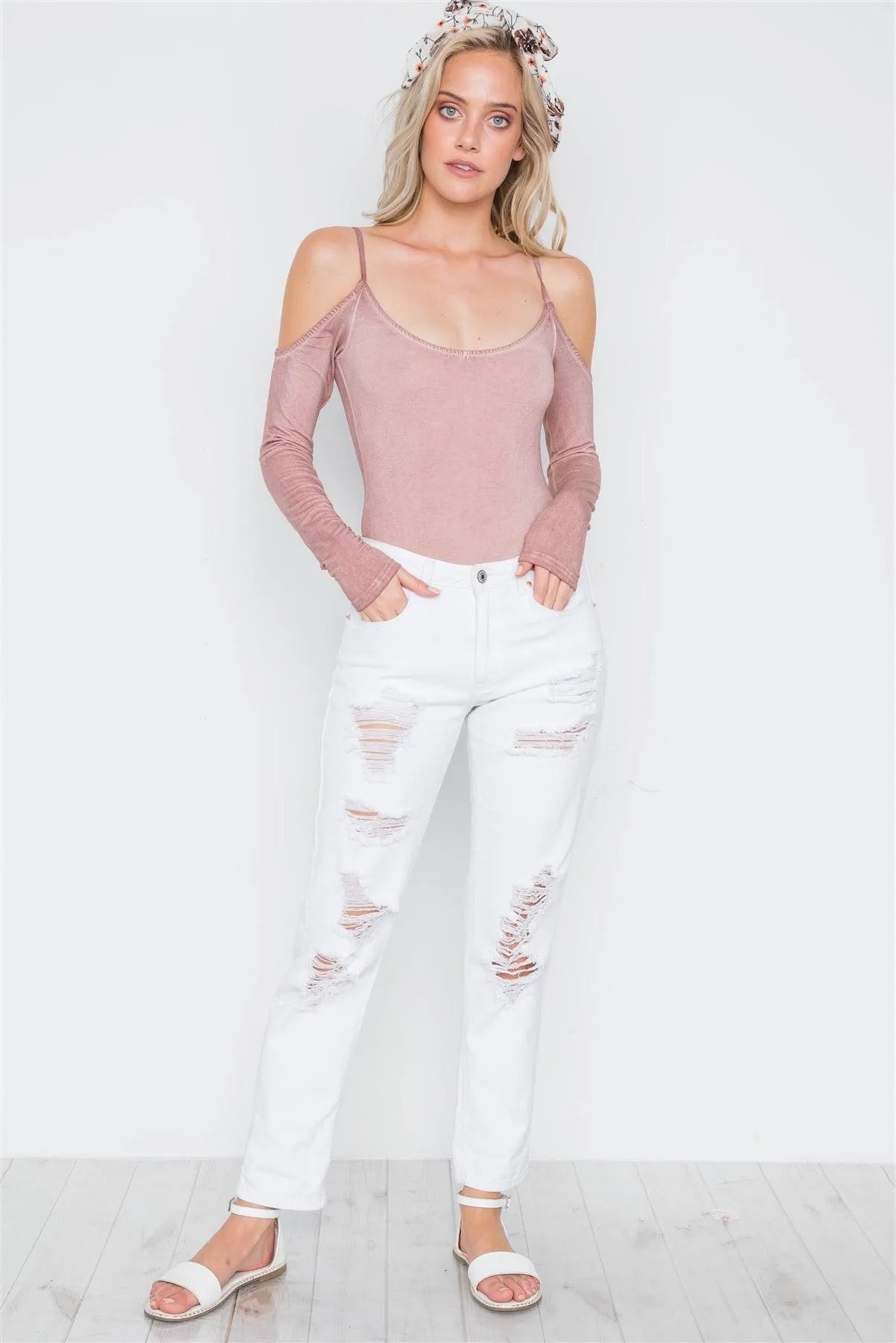 Pink Cami Cold Shoulder Bodycon Bodysuit /3-2-1 - Tasha Apparel Wholesale