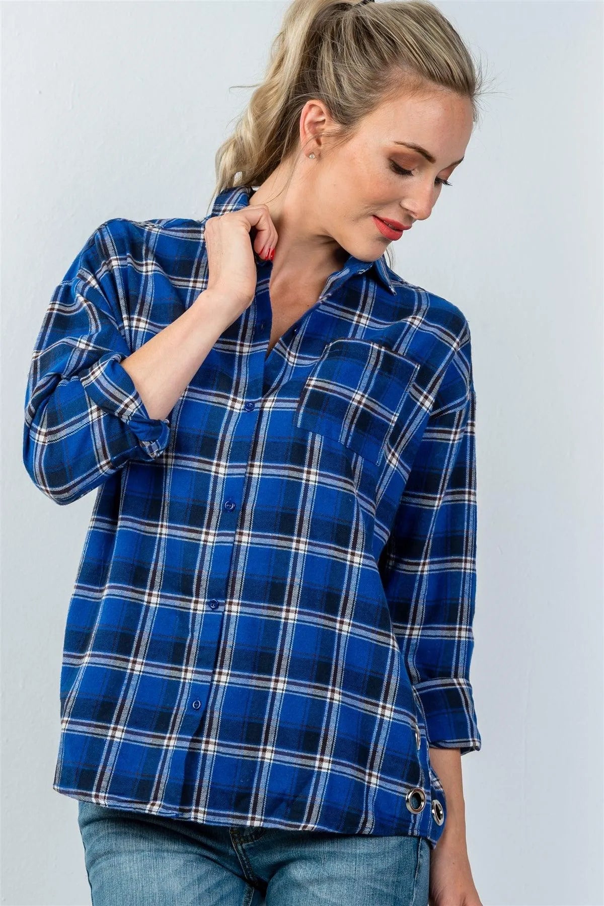 Royal Plaid Side Silver Grommet Top / 3-2-1 - Tasha Apparel Wholesale
