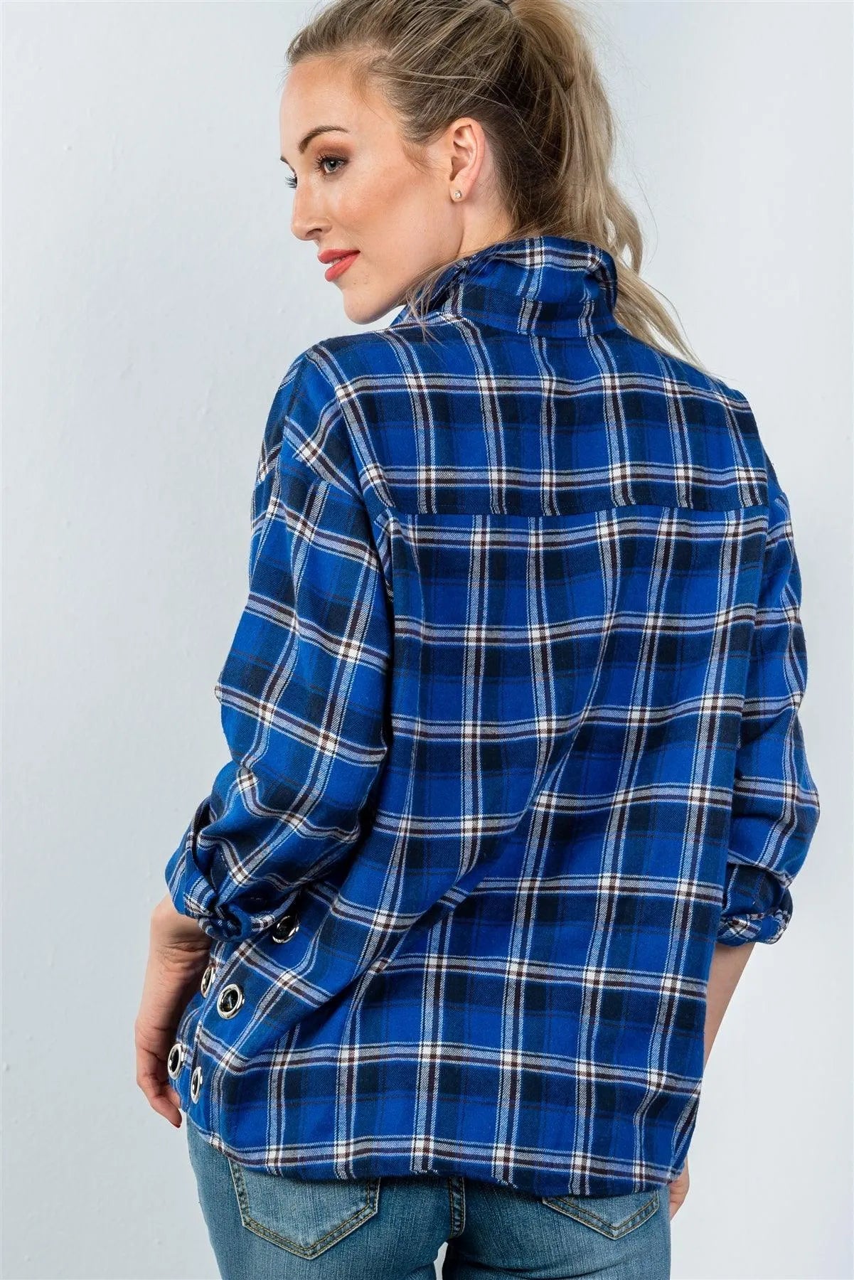 Royal Plaid Side Silver Grommet Top / 3-2-1 - Tasha Apparel Wholesale